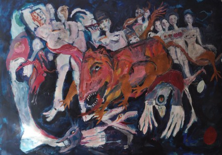 nr 1: "vierde kwartaal 2013"  Slapeloos verdriet, ze had verkeerde vrienden, die stalen haar geld. [acryl / gemengde techniek op doek] (2,10m x 1,50m)